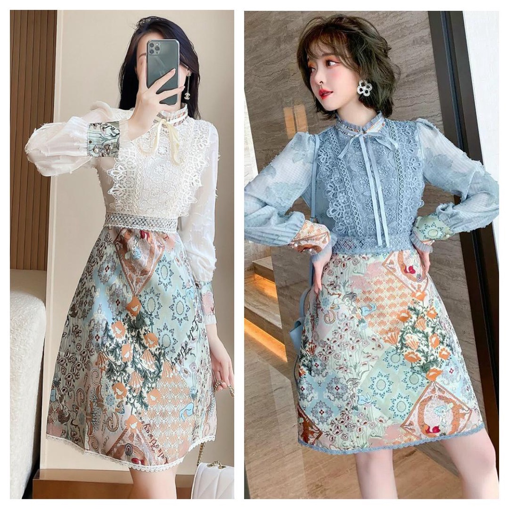 Sét Bộ Áo Ren Kiểu Kèm Chân Váy Thổ Cẩm Quý Cô Sang Trọng BY4585