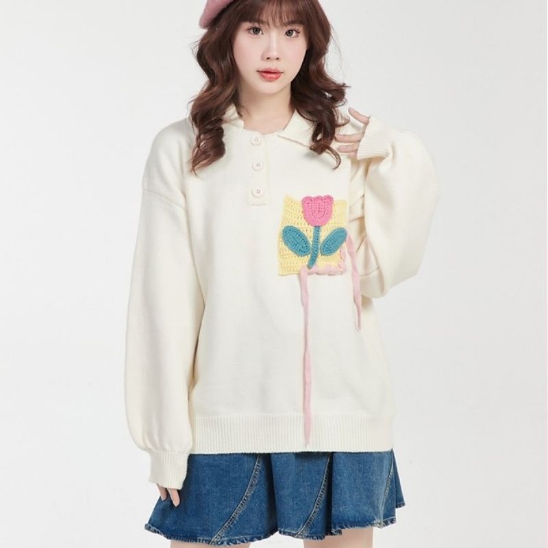 Áo len polo đính cúc đan hình hoa tulip. Áo len dáng rộng