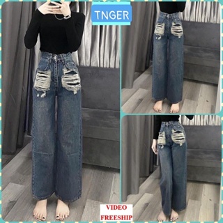Quần jeans suông ống rộng lưng cao rách túi QC TNGER