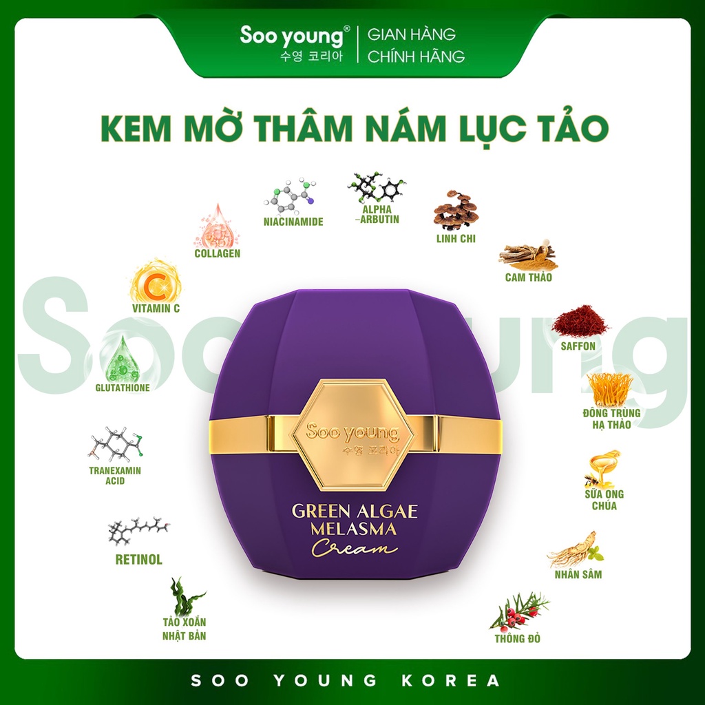 Bộ đôi kem Face Lục Tảo SOOYOUNG KOREA kem dưỡng trắng và mờ thâm nám 30g