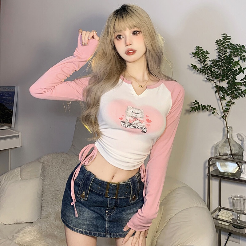 Kliou 2022 Mới Áo Croptop Tay Dài Cổ Chữ V Phối Dây Rút In Họa Tiết Mèo Dễ Thương Thời Trang Cho Nữ