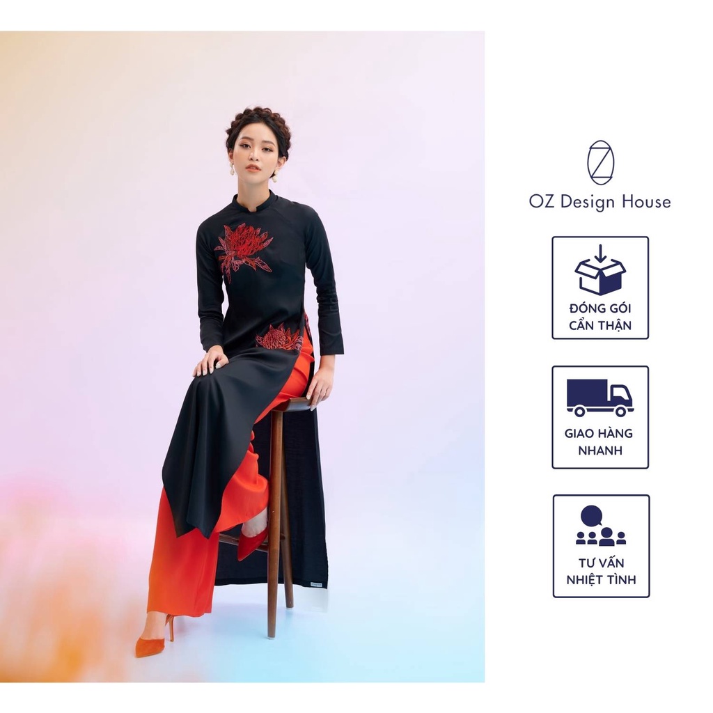(Không kèm quần) Áo dài nữ OZ Design House AD01908GHE20 thô lụa cổ tầu thêu hoa Protea đỏ màu đen