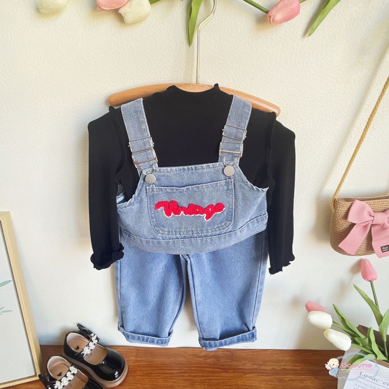 Set Đồ 3 Món Gồm Áo Hai Dây + Quần Jeans Ống Rộng + Áo Khoác Thoải Mái Cho Bé Gái