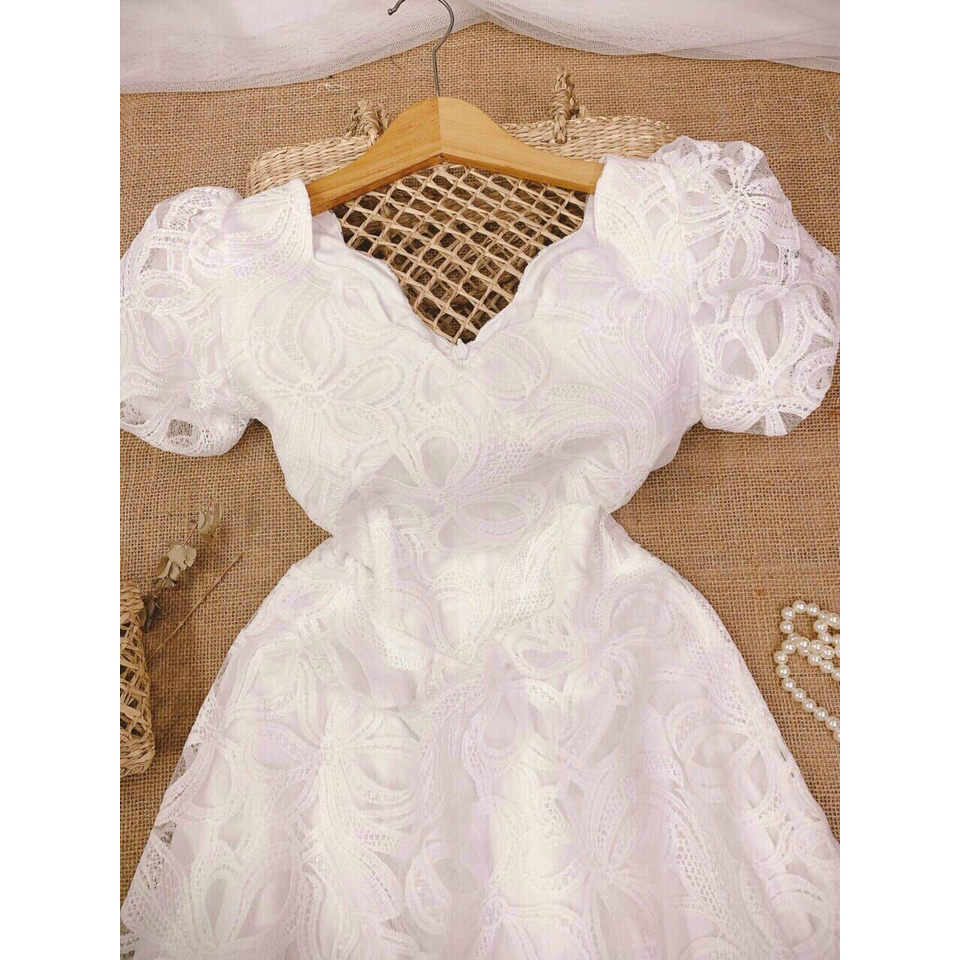 ĐẦM VÁY REN NƠ CỔ LƯỢN - Hình Shop Chụp