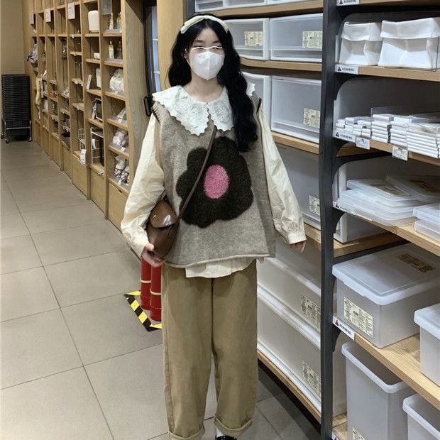 Áo ghi lê nữ Set Áo Sơ Mi Cổ Búp Bê + Áo Len Không Tay Nhiều Lớp Họa Tiết Hoa Thời Trang Cho Nữ