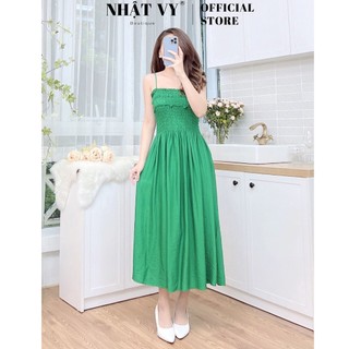 Đầm ôm 2 dây đi biển Nhật Vy nhún ngực dáng dài chất lụa xước phù hợp dạo phố, công sở, cafe nhẹ nhàng - D2514
