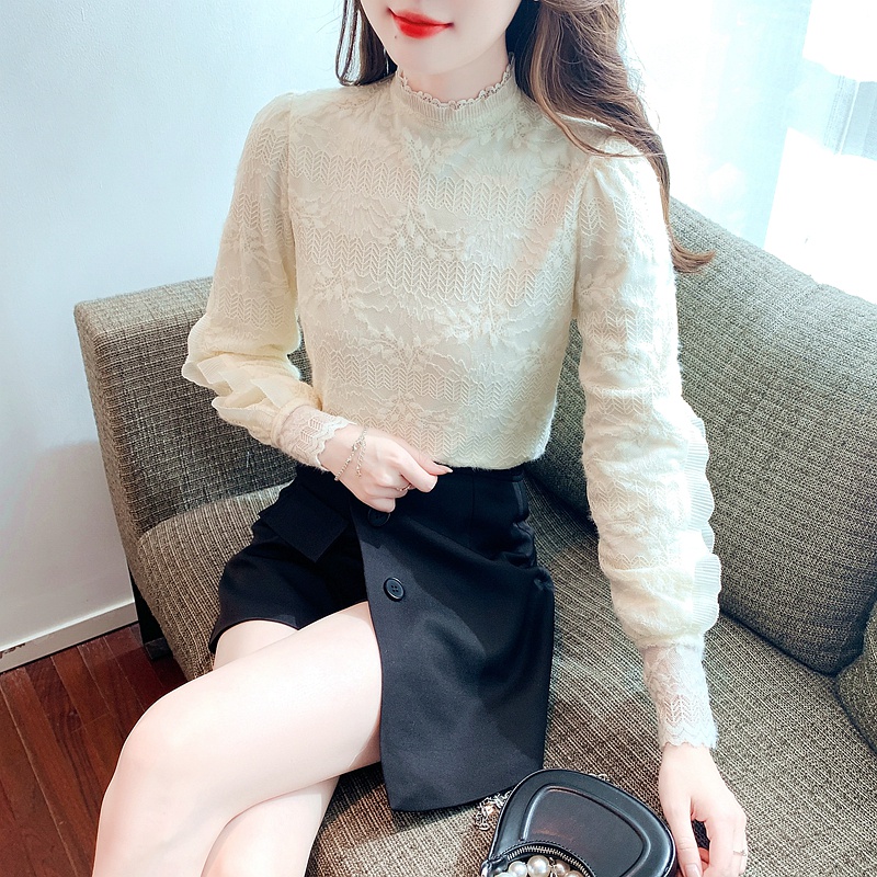 Áo Ren Lưới Tay Phồng Cổ Đứng Phong Cách Phương Tây Thời Trang Mùa Đông Cho Nữ