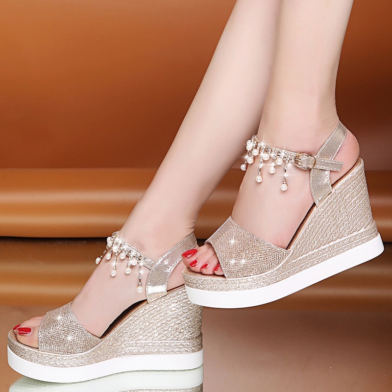 Giày Sandal Đế Xuồng Đính Hạt Ngọc Trai Thời Trang Mùa Hè Cho Nữ Có Size Lớn