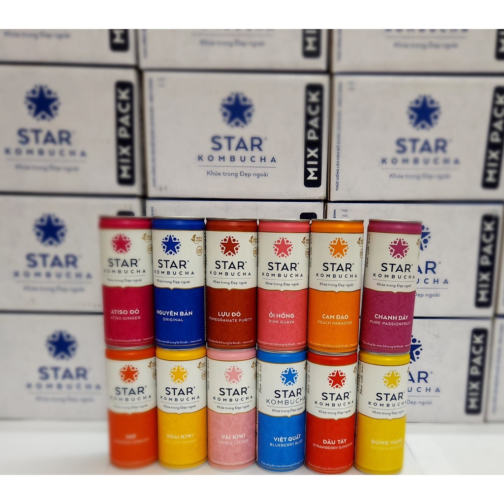 STAR KOMBUCHA Mix - Thức uống lên men tự nhiên - Thùng 12 lon x 250ml các vị - Khỏe trong đẹp ngoài