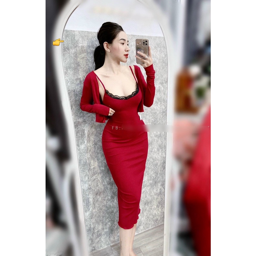 Set nữ áo khoác tay dài kèm đầm body 2 dây nữ viền ren hot