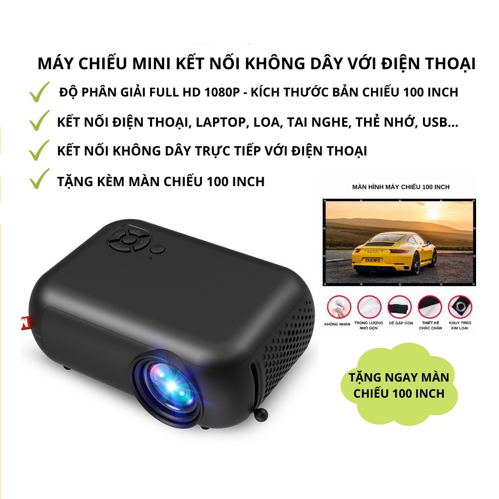 Máy chiếu mini LED tại nhà, máy chiếu full HD1080p, kết nối không dây qua Wifi - SET2176