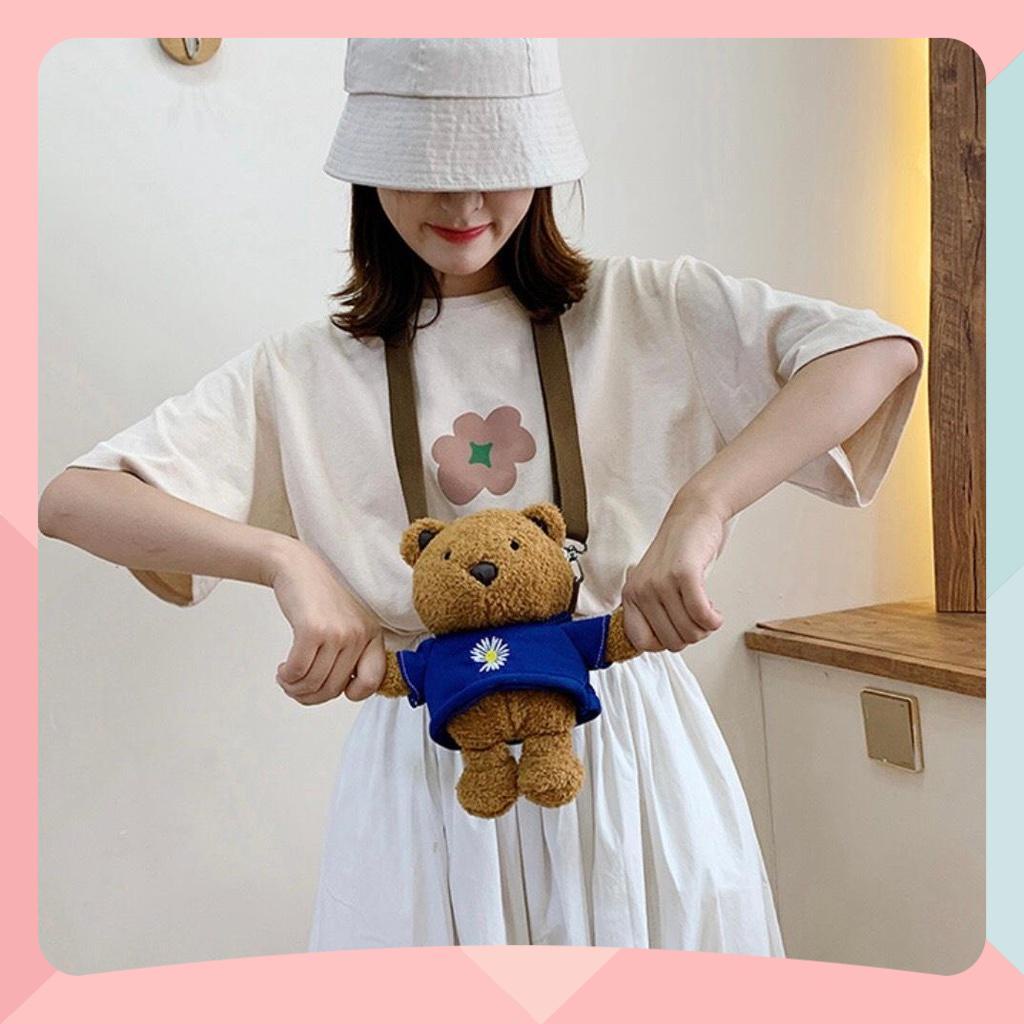 Túi Đeo Chéo Gấu Bông Màu Nâu Mang Áo  - Túi Đeo Vai Nhồi Bông Dễ Thương