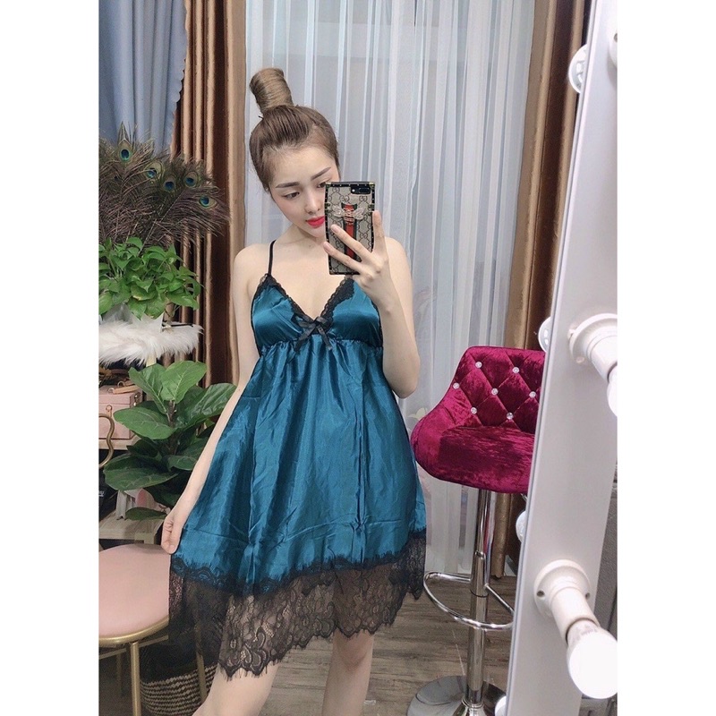 Đầm ngủ phi lụa bóng phối ren mềm