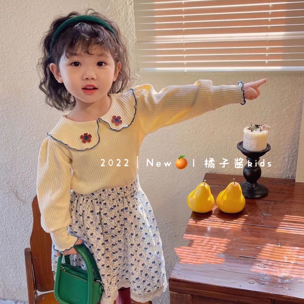 [Babycat] Hàng Có Sẵn Áo Thun Tay Dài Cổ Búp Bê Họa Tiết Hoa Màu Trơn Phong Cách Hàn Quốc Nhật Bản Hàn Quốc Cho Bé Gái