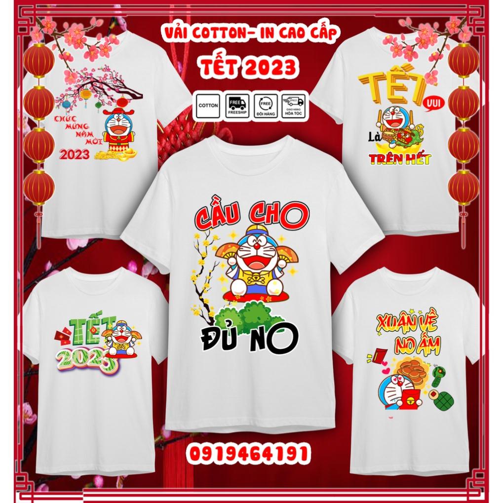 Áo thun doraemon tết quý mão 2023, áo thun tết con mèo doraemon, vải dày mịn mát, in cao cấp - Có size trẻ em