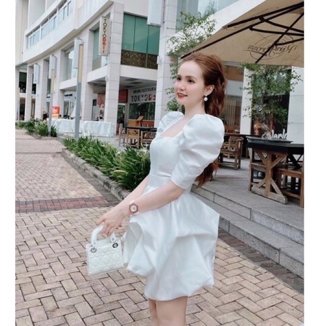 Váy nữ trắng đầm dự tiệc tay bồng dáng xoè sexy siêu xinh