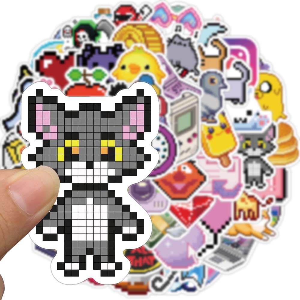 Bộ 64 Miếng Dán Hoạt Hình Màu Hồng Pixel Chống Thấm Nước Dùng Trang Trí Vali / Laptop / Vali / Đồ Chơi Trẻ Em
