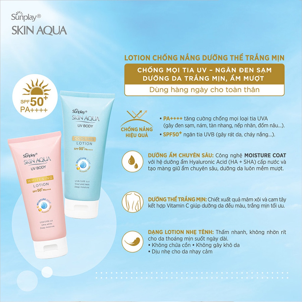 Kem Chống Nắng Sunplay Dưỡng Trắng Da Toàn Thân, Mát Da - Sunplay Skin Aqua UV Body Whitening Lotion PF 50+, PA++++ 150g