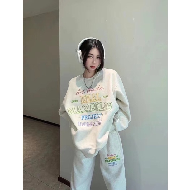 SET BỘ NỈ sweater và quần thể thao jogger màu xám sữa có thêu chữ màu