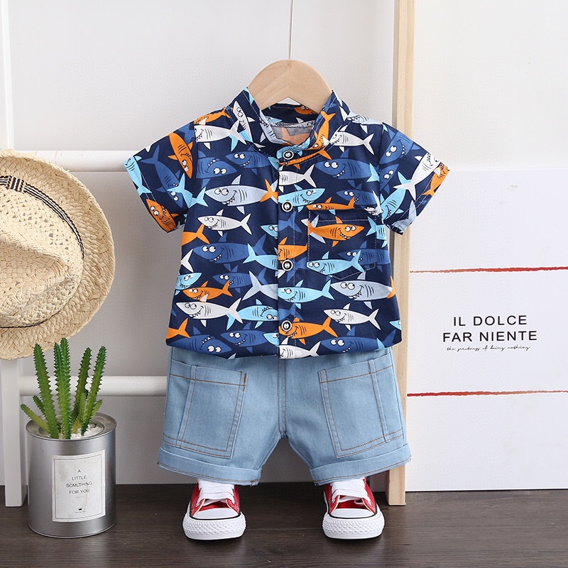 Set Áo Thun Tay Ngắn In Hình Khủng Long Hoạt Hình + Quần Jean Ngắn Thời Trang Mùa Hè Cho Bé Trai Từ 1 -