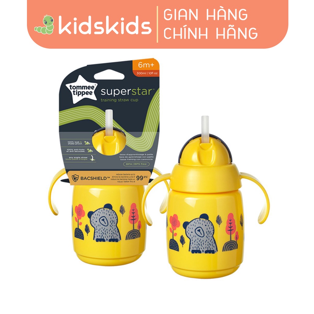 Bình tập uống nước có ống hút đáy nặng kháng khuẩn chống tràn, chống sặc cho bé Tommee Tippee SuperStar – Vàng