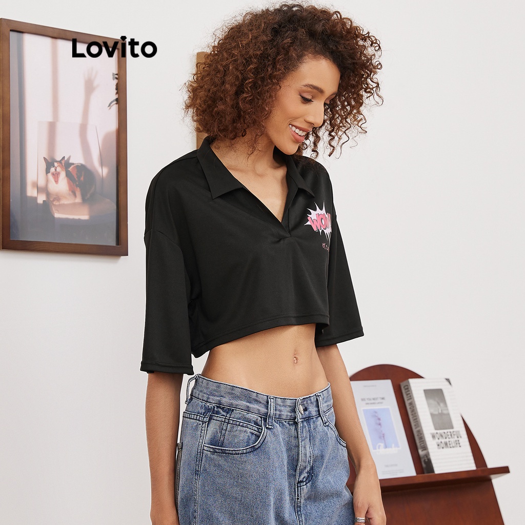 (Hàng có sẵn) Áo thun Lovito dáng ngắn họa tiết chữ cái phong cách thường ngày L19E045 (Màu đen)