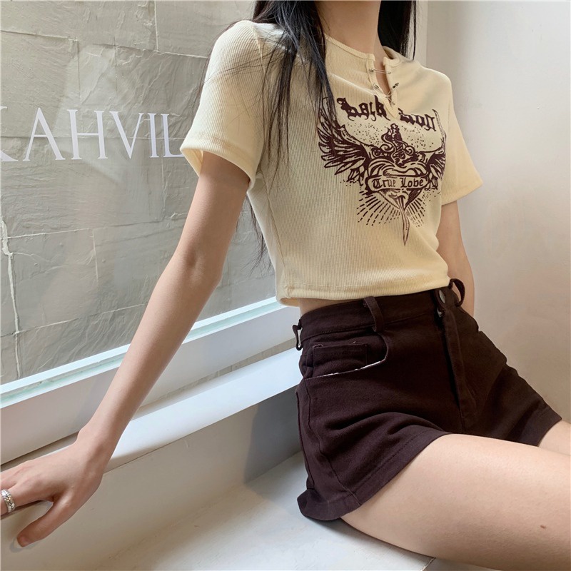 IELGY      Áo Thun Ngắn Cổ Chữ v Dáng Ôm In Họa Tiết Thời Trang Cho Nữ