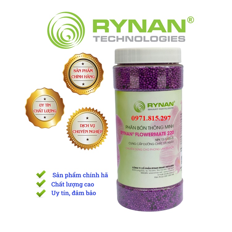 Phân tan chậm thông minh Rynan Flowermate 220 NPK 12-12-20 TE hũ 1,36 kg chuyên dùng cho các loại Phong Lan đang ra hoa