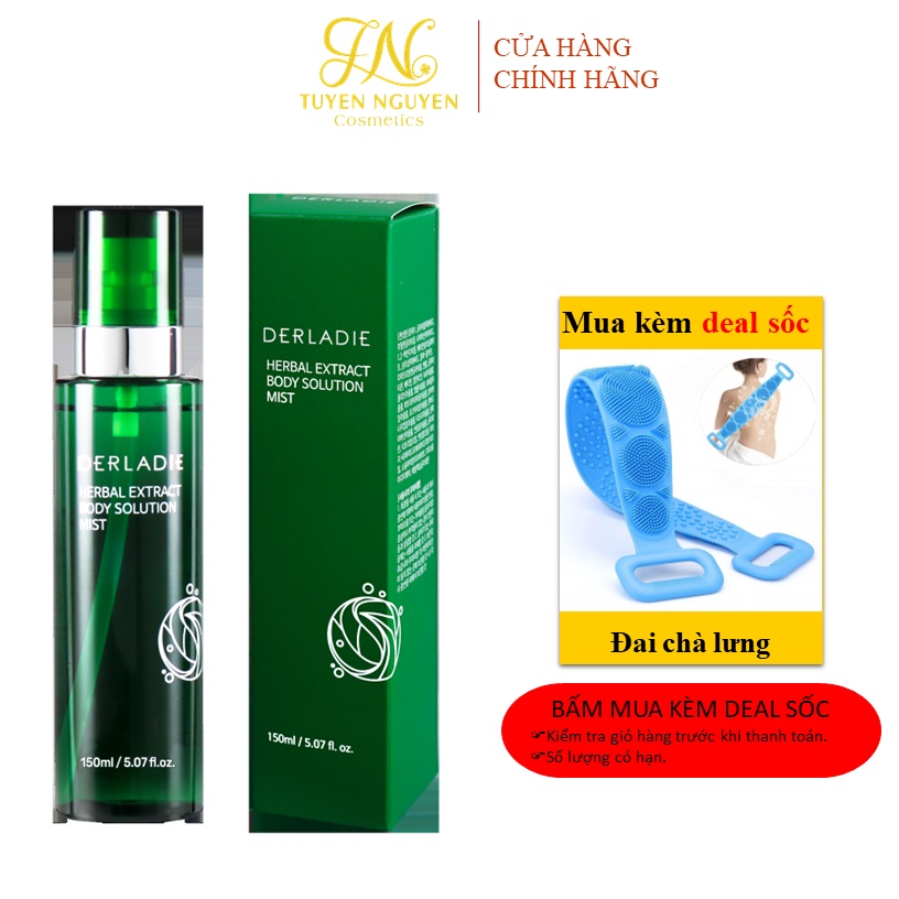 Xịt mụn lưng Derladie 4in1 Loại Bỏ Mụn, Mờ Thâm, Giảm Viêm Nang Lông Derladie Herbal Extract Body Solution Mist 150Ml