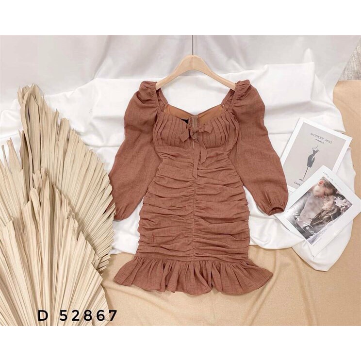 [11.11 Sale Freeship] Đầm tay dài bồng nhún ngực sexy phối bèo đuôi cá,đầm ôm body cột nơ ngực tông dáng quyến rũ mtb