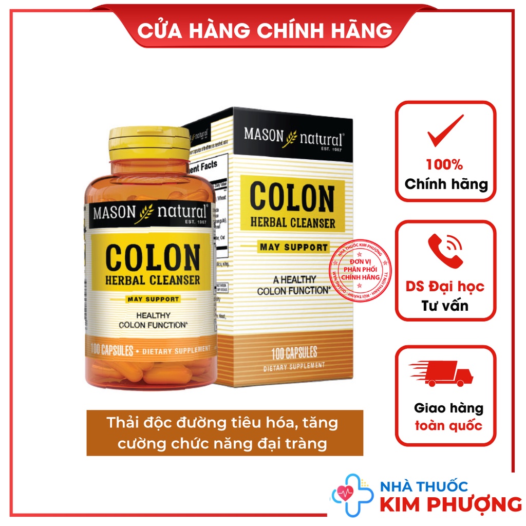 Đại Tràng MASON NATURAL Colon Herbal Cleanser 100v Viên uống hỗ trợ chức năng đường ruột, detox đại tràng