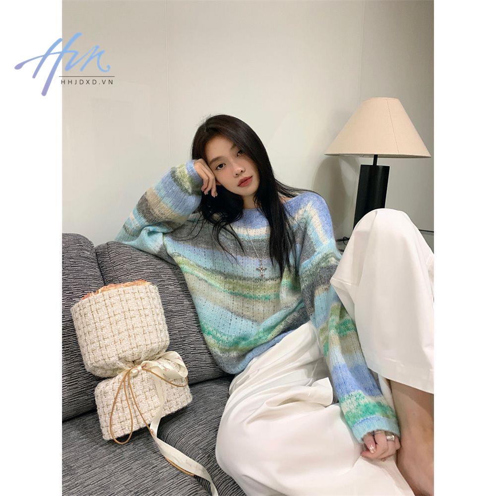 Áo dệt kim mềm tay dài dáng rộng họa tiết màu nhuộm trẻ trung thời trang mùa thu cho nữ