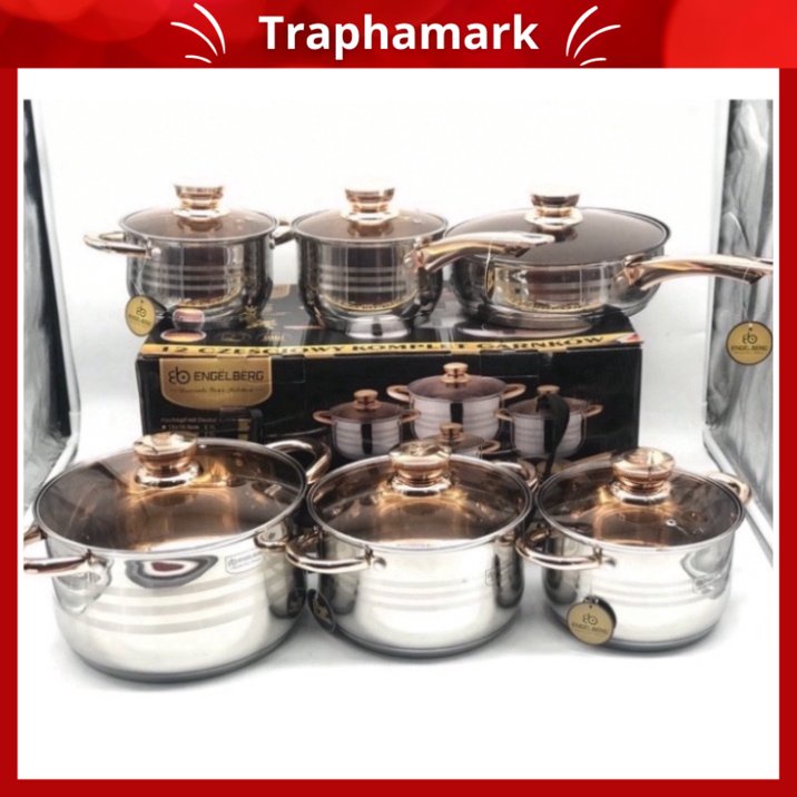 Bộ Nồi Đức 6 Món 12 Chi Tiết Dùng Cho Mọi Loại Bếp Điện, Bếp Từ, Bếp Ga Không Gỉ Cao Cấp