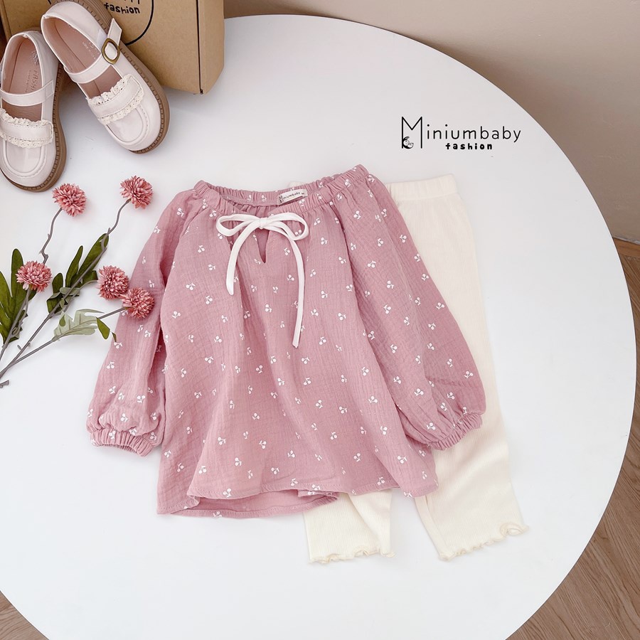 Bộ đồ dài tay quần dài thu đông cổ chun nơ xinh xắn cho bé gái chất liệu muslin, quần áo trẻ em Minium-SB1307