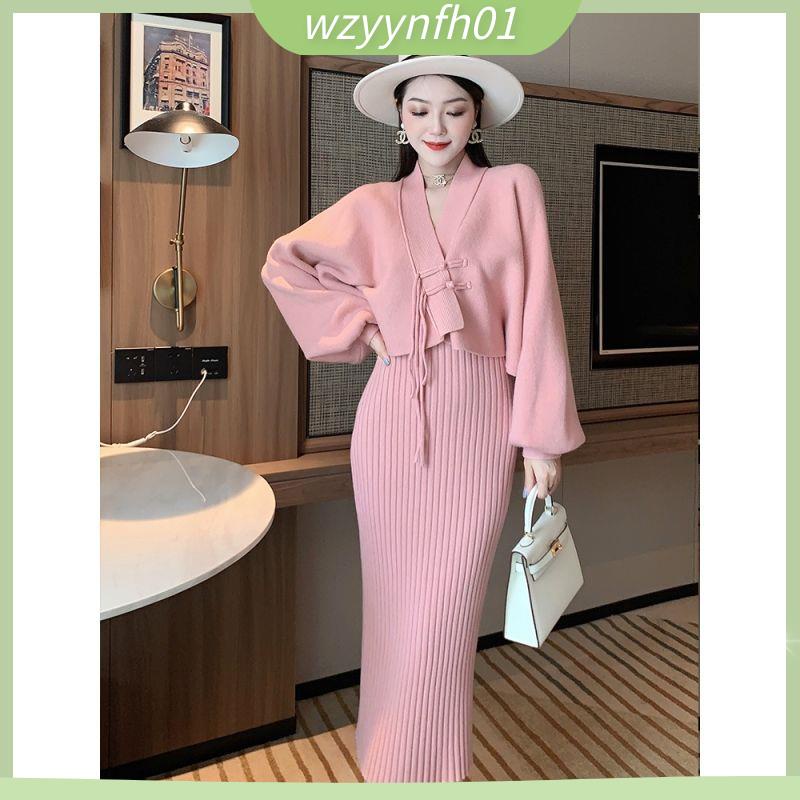 Set váy chân váy dài Set Đầm Len Hai Dây Và Áo Khoác Len Thời Trang Thu Đông Phong Cách Pháp Thanh Lịch Dành Cho Nữ