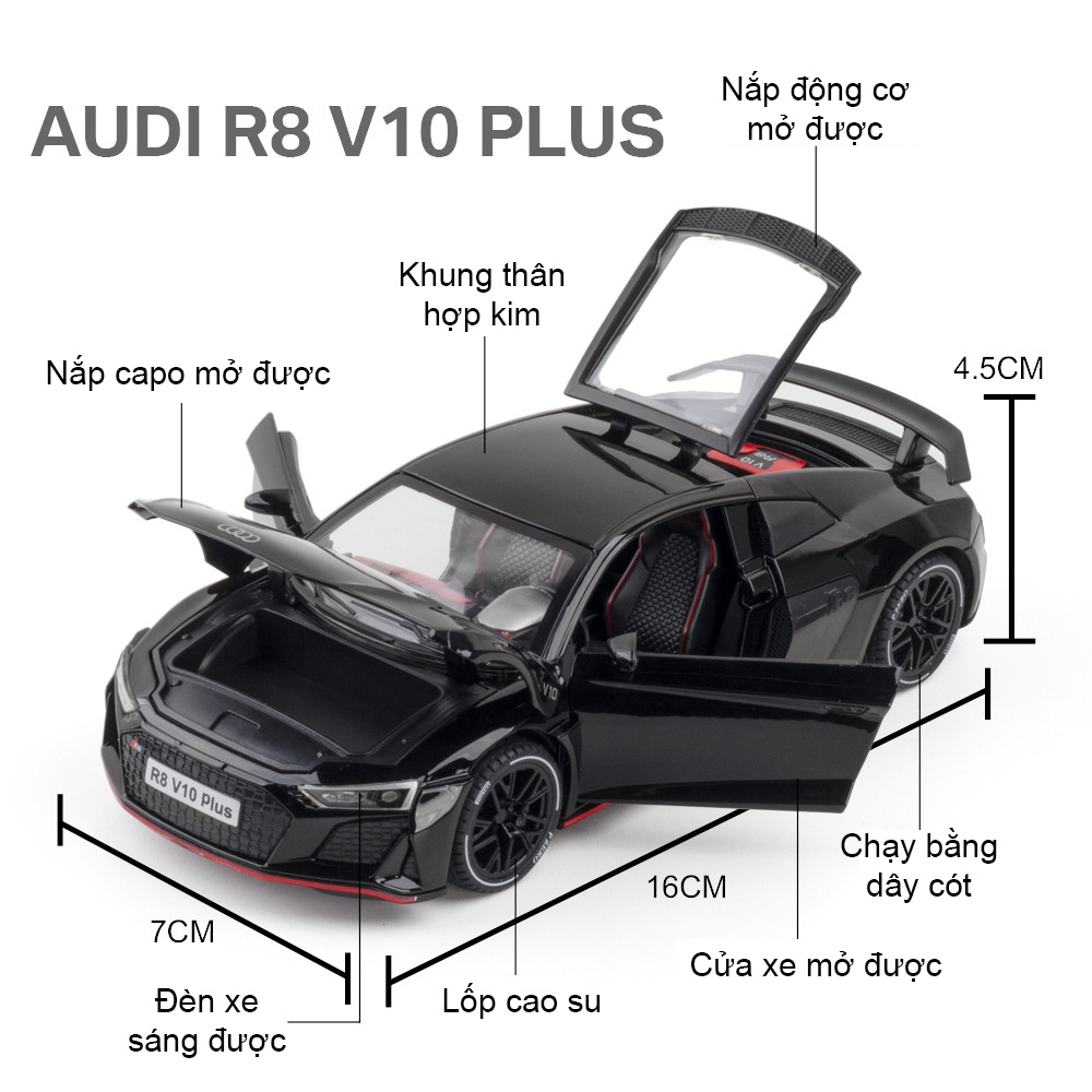 Mô hình xe ô tô Audi R8 V10 Plus tỷ lệ 1:24 khung hợp kim mở 2 cửa, cốp trước, có đèn âm thanh