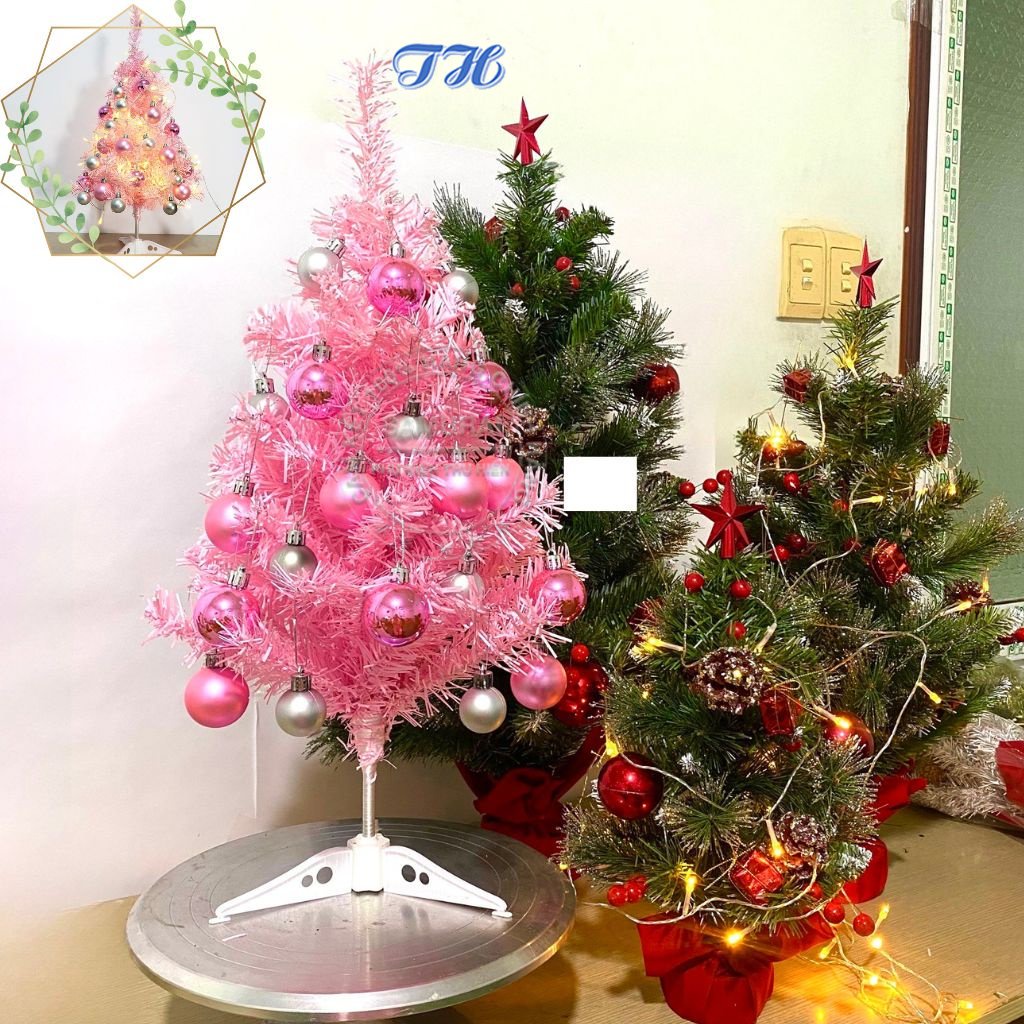 Cây thông noel để bàn mini 60cm màu hồng kèm quả châu, dây đèn led trang trí phòng ngủ phòng khách siêu xinh