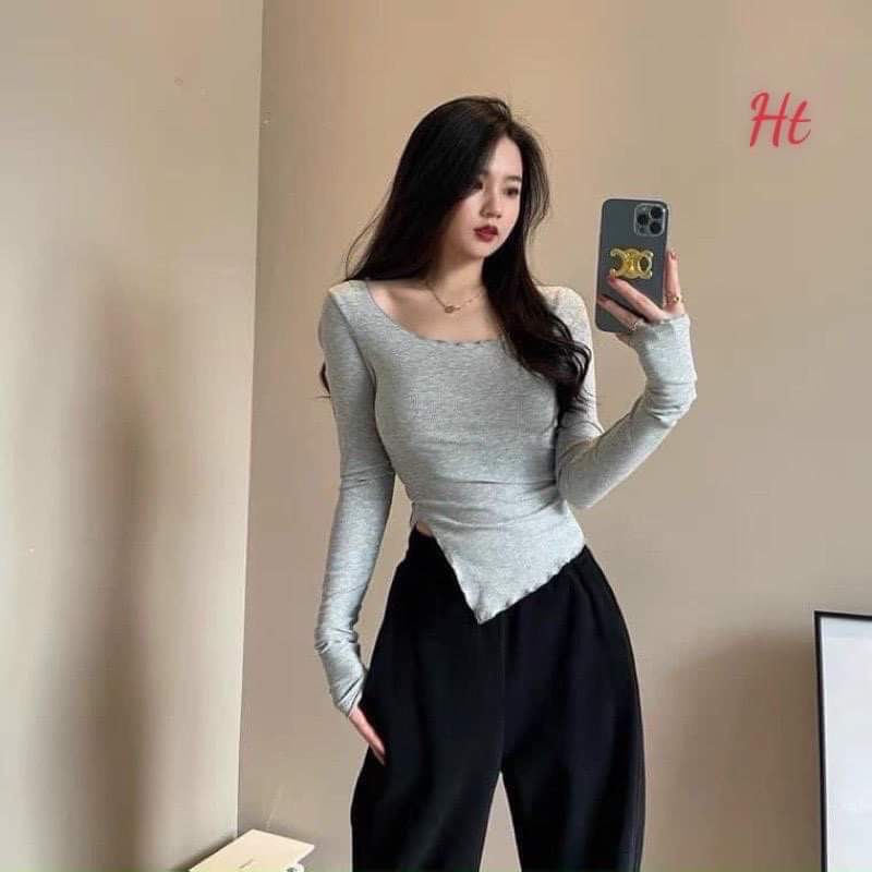 Áo thun xẻ tà vạt chéo dài tay H2A966