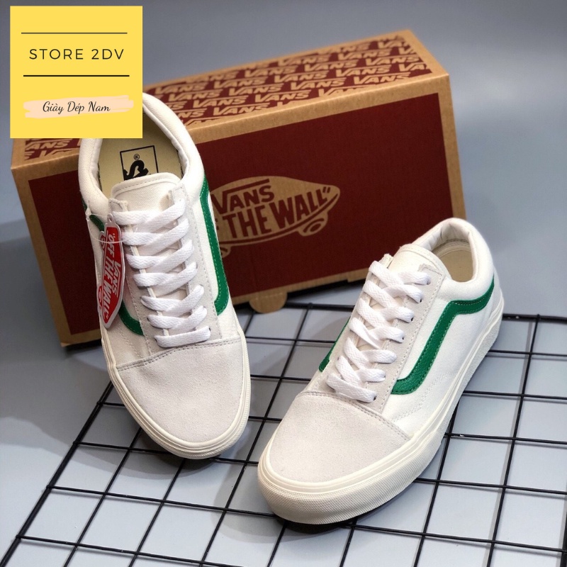 Giày Sneaker Nam Vans Old Skool Trắng Viền Xanh Lá Da Lộn Giày Vans Style 36
