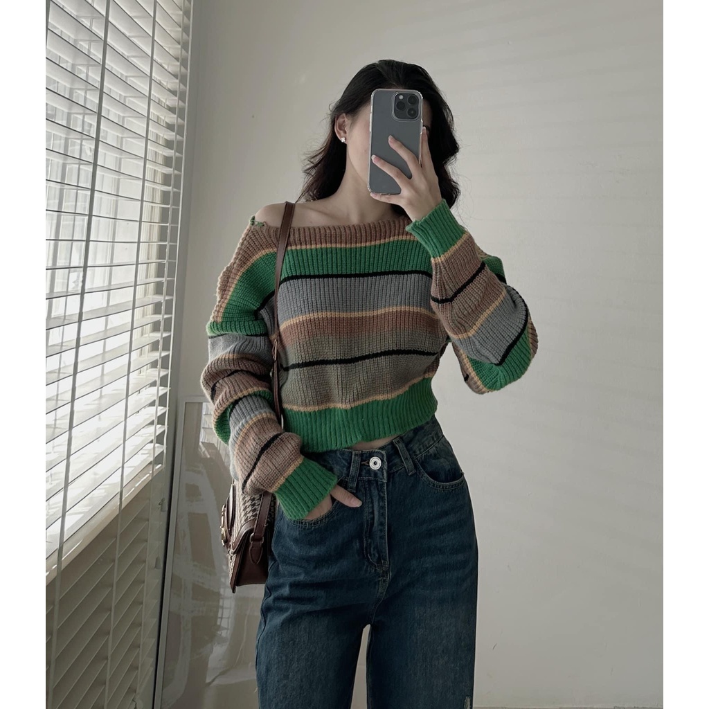 Áo len kẻ xanh dài tay kiểu dáng croptop cho nữ cá tính mã Aolenkengang1256