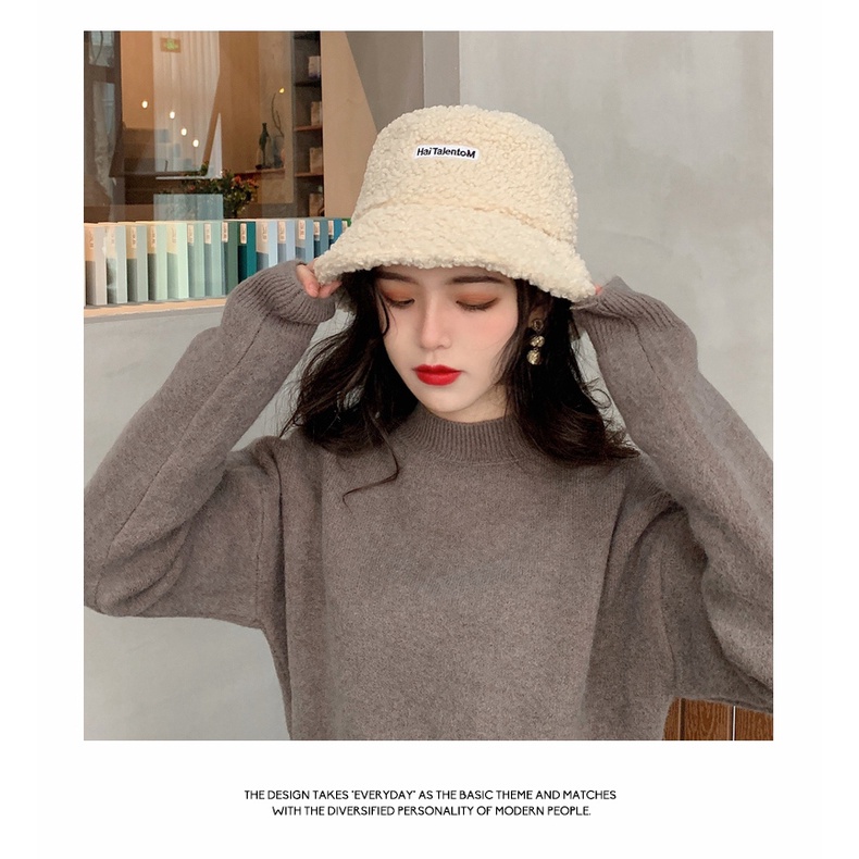 Mũ lông cừu Wyne siêu xinh,  mũ bucket lông cừu phong cách Hàn Quốc có thuê chữ