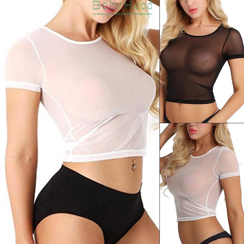 Ladies Women Tops Tight Clubwear Cropped Mesh Short sleeve Transparent#BBHOOD