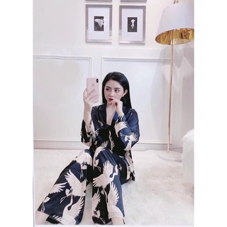Pijama lụa mango chim hạc đen đỏ tay dài quần dài - Bộ lụa mặc nhà chất mát
