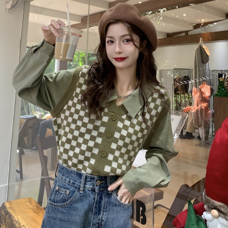 Áo sơ mi cardigan PERTY dệt kim họa tiết kẻ sọc ca rô phong cách Hàn Quốc thời trang mùa thu 2022 dành cho nữ