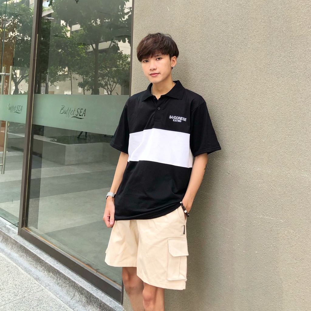 Áo Polo Unisex SAIGONESE Nam Nữ Form Rộng / Đen Sọc Trắng