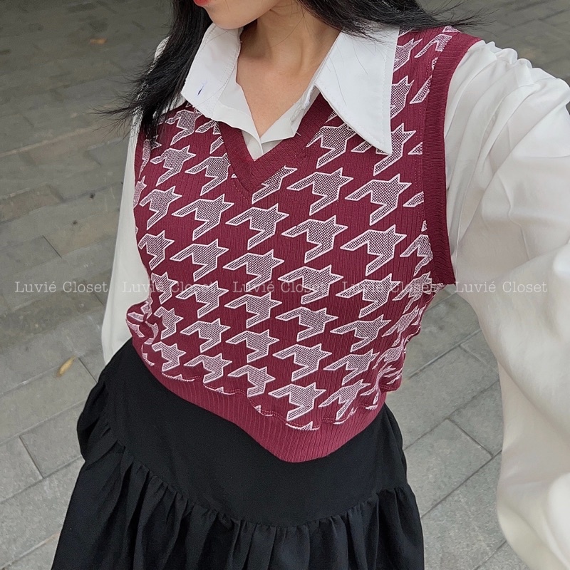 Áo gile len cổ chữ V hoạ tiết kẻ ziczac ulzzang Hàn Quốc nhiều màu, len không tay thổ cẩm vintage thu đông