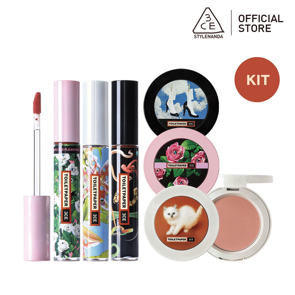 Bảng Phấn Má Hồng 3CE Kèm Cọ Trang Điểm Tiện Dụng 3CE TOILETPAPER BLUSH & LIP Kit | Official Store Kit Make up Cosmetic