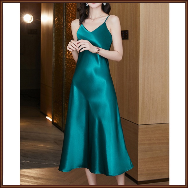 Đầm Satin Không Tay Cổ Chữ V Màu Sắc Trơn Thời Trang Dành Cho Nữ