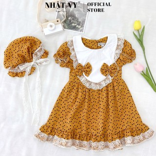 Váy Bé NHẬT VY Cổ Trắng Gắn Nơ Chấm Bi Kèm Nón Chất Mango Mát Mềm, Dễ Thương Màu Vàng, Đỏ - M30