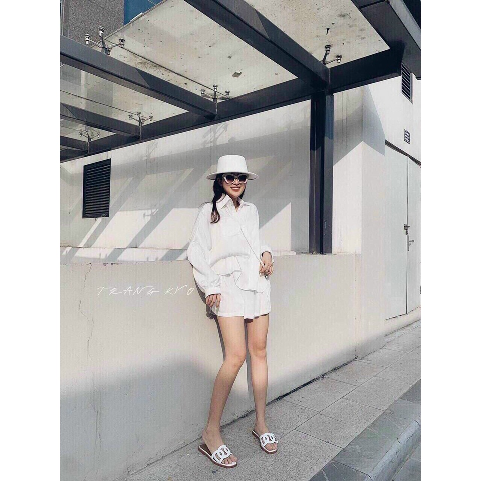 [11.11 Sale Freeship] Set bộ đùi sơ mi nữ,bộ áo tay dài có túi ngực mix quần short đùi có túi đi chơi dạo phố sang short